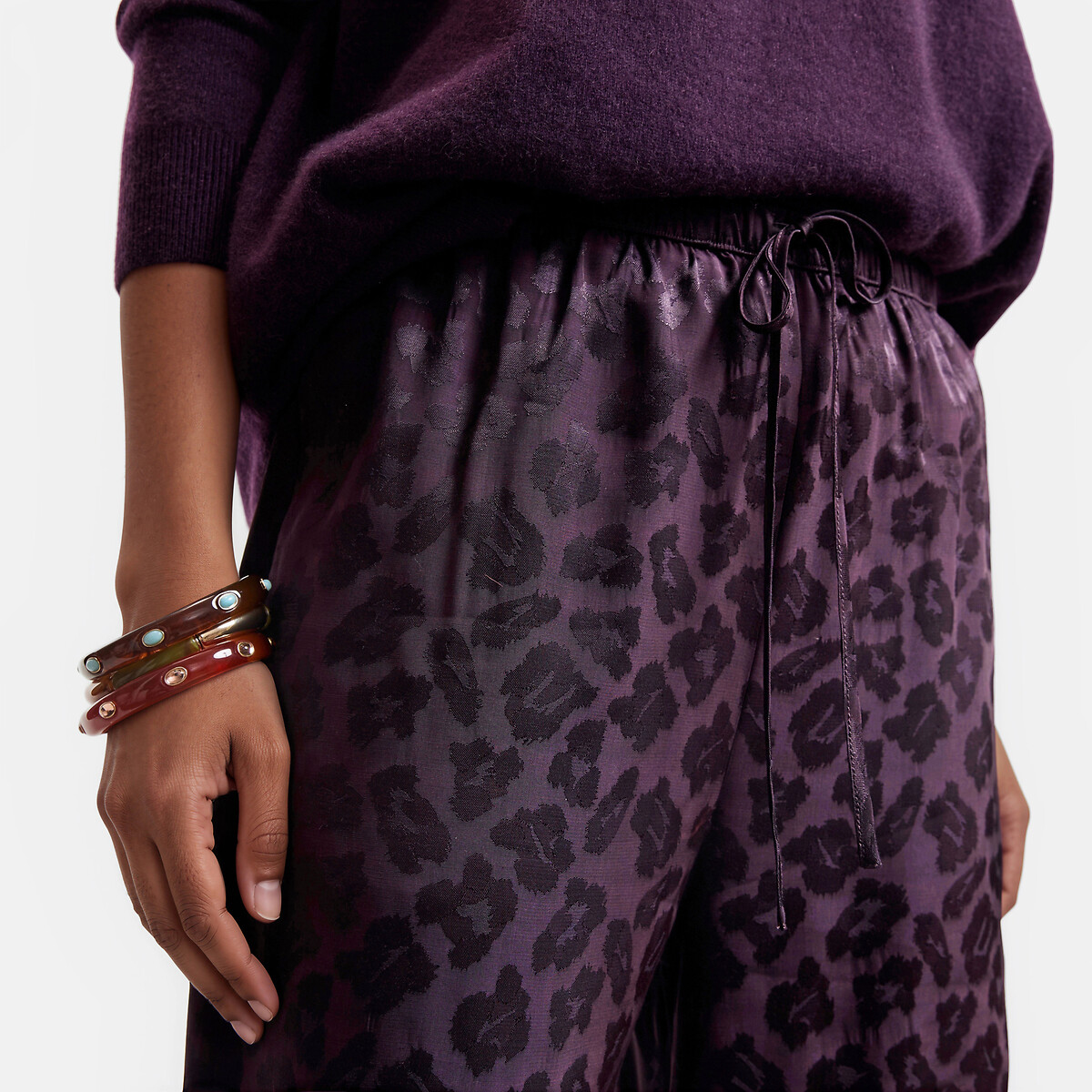 Pantalon large, taille élastiquée, en satin jacquard motif léopard violet, LA REDOUTE COLLECTIONS