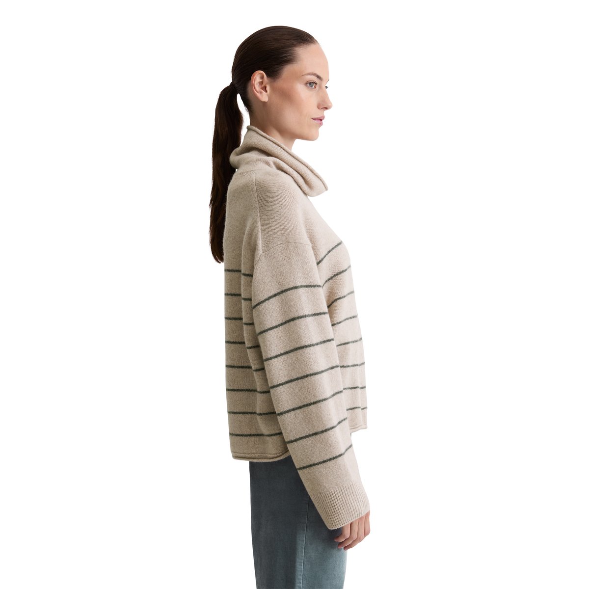 Pull à col roulé rayé relaxed en doux mélange de laine mérinos gris clair, MARC O'POLO