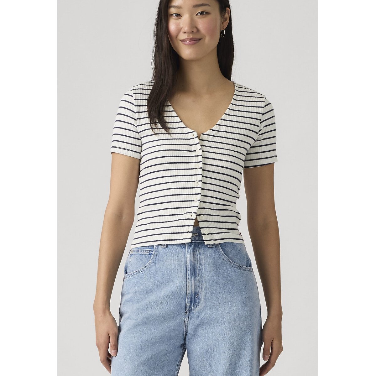 T-shirt court rayé col V rayé blanc/bleu, LEVI'S
