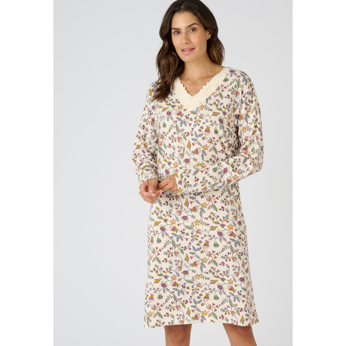 Chemise de nuit Thermolactyl en maille jersey marron beige fleuri, DAMART
