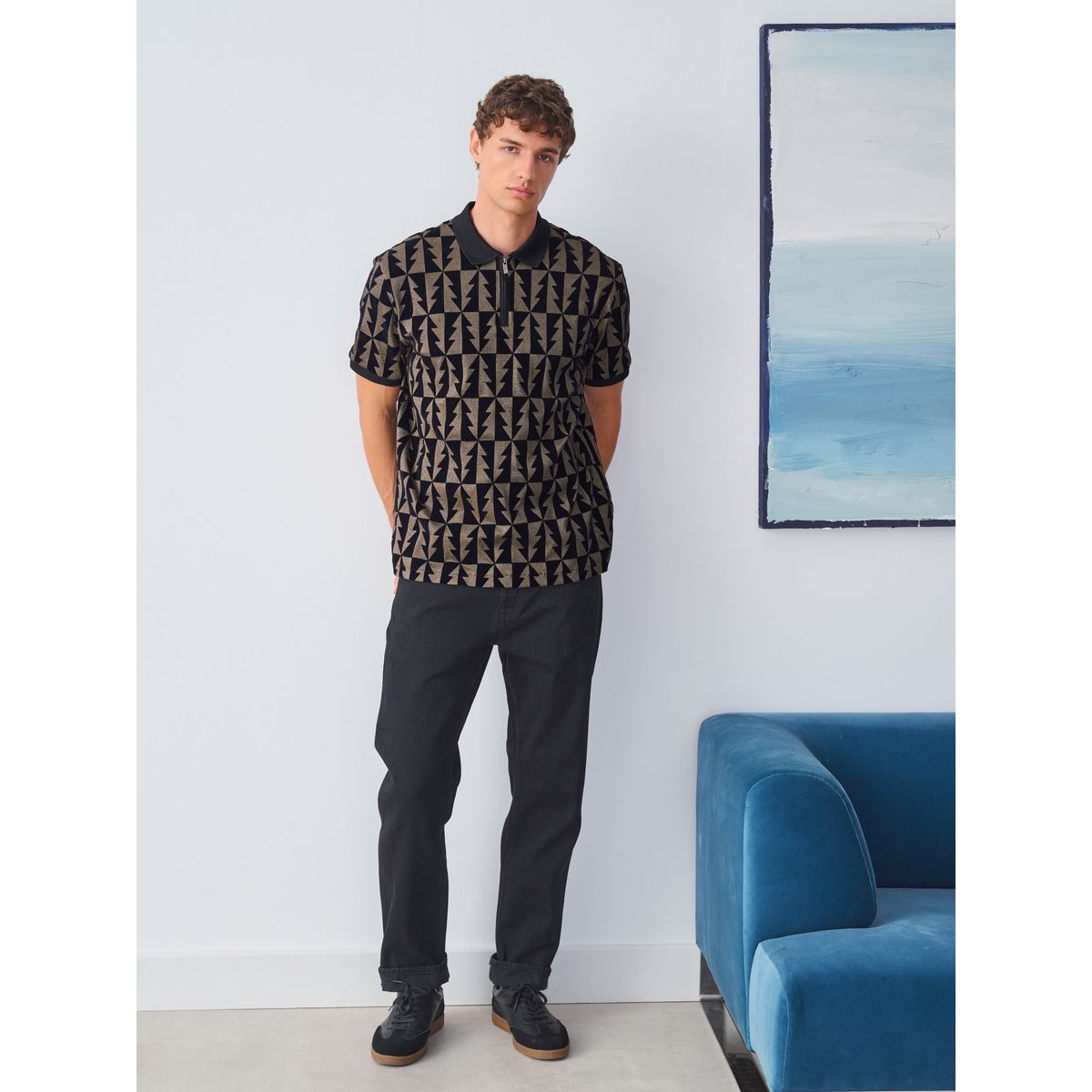 Polo floqué avec zip 3/4 noir/doré, NEXT