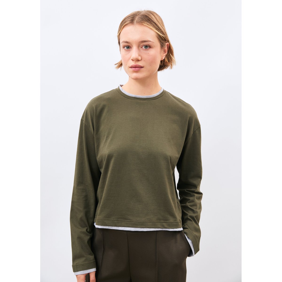 T-shirt en jersey manches longues col rond kaki/gris clair, HUMILITY