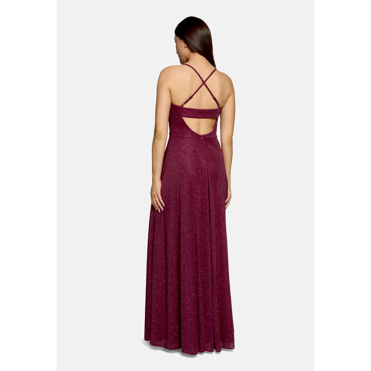 Robe de soirée à encolure bénitier rouge/gris, VERA MONT