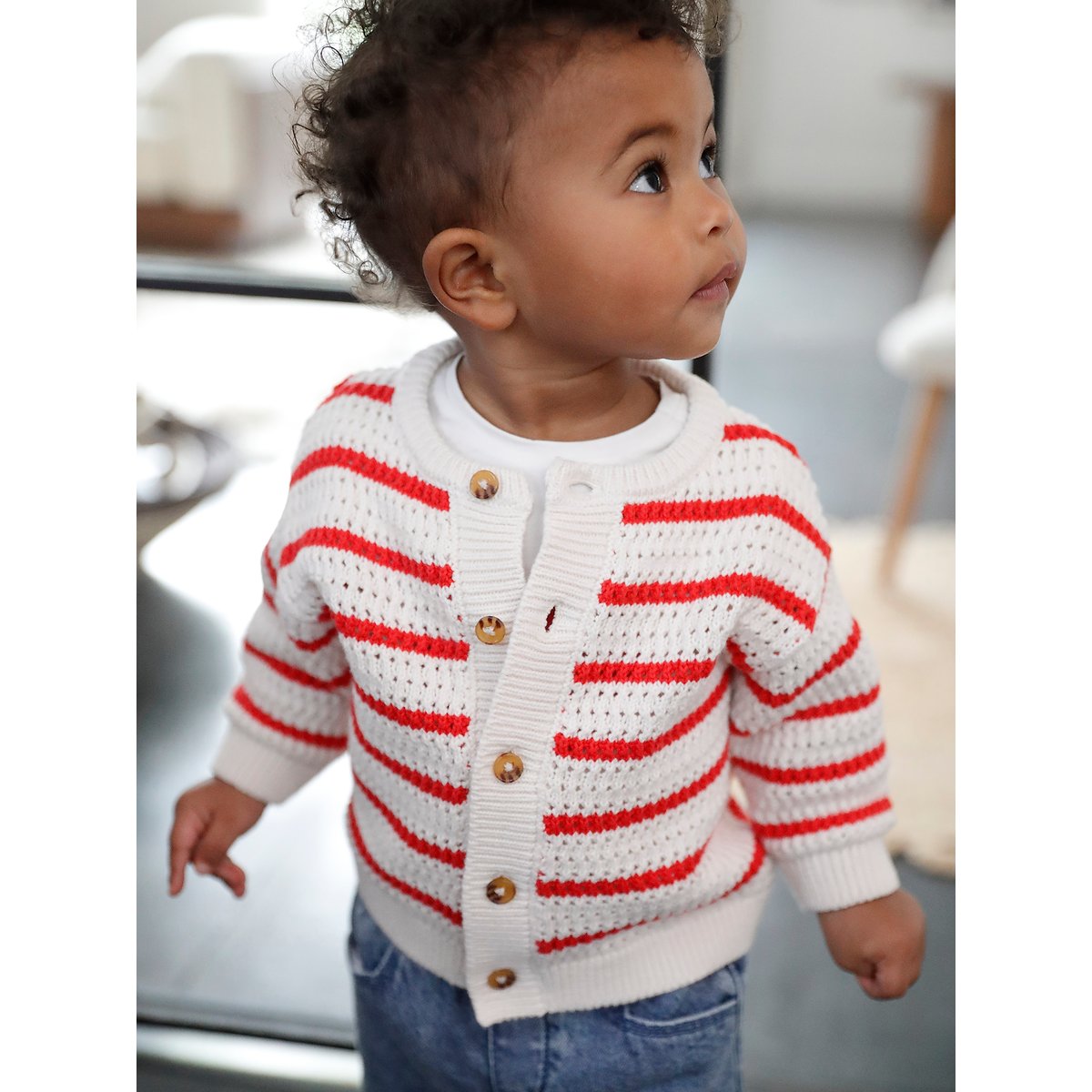 Gilet maille ajourée bébé rayé rouge, VERTBAUDET