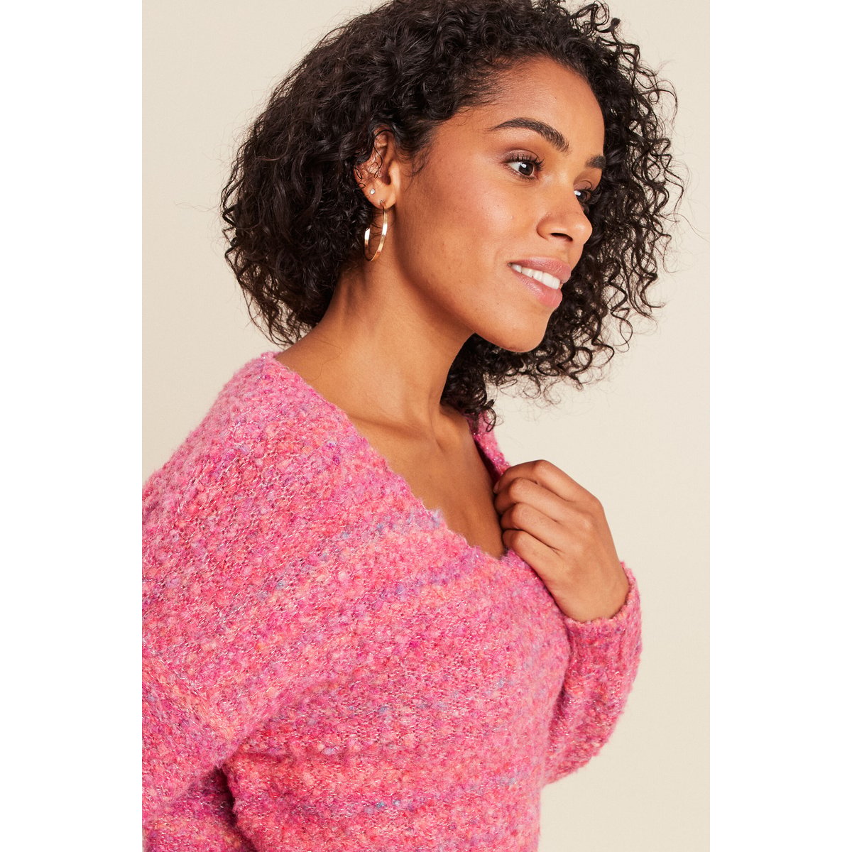 Pull col v manches longues rose fushia, BREAL