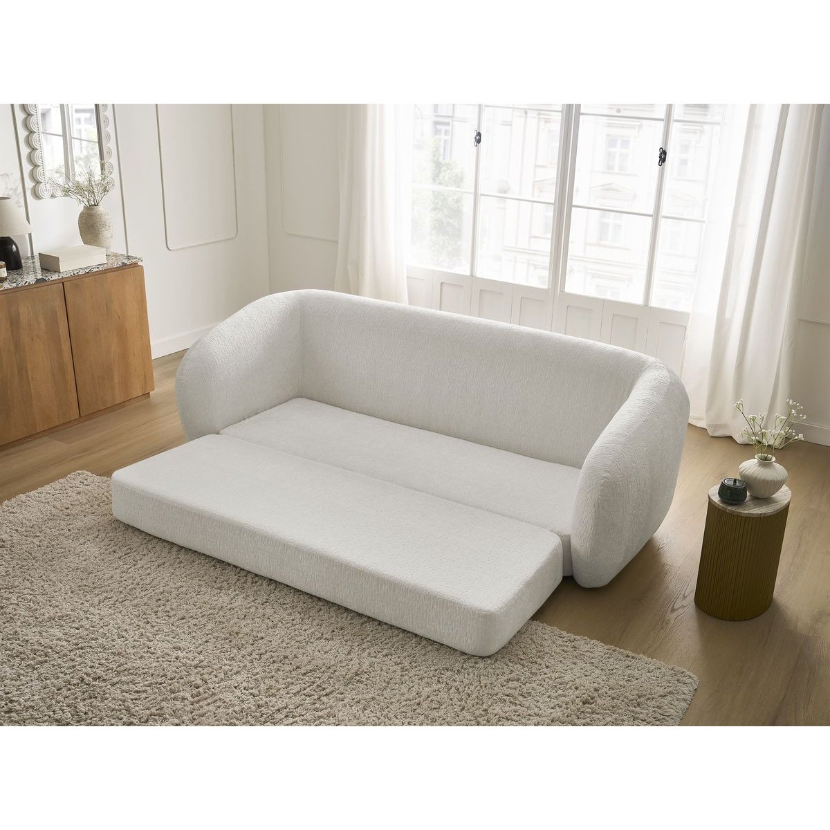 Canapé droit convertible 3 places en tissu texturé, NEYO blanc, BOBOCHIC
