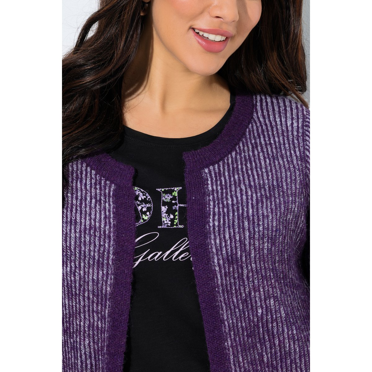 Cardigan maille côtelée à rayures violet foncé, ULLA POPKEN