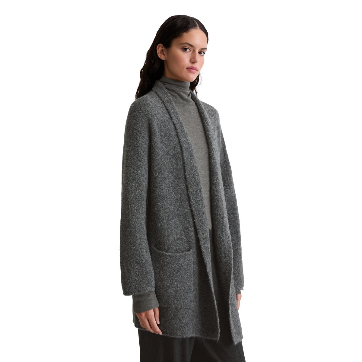 Cardigan bouclette regular en mélange de laine vierge et de laine d'alpaga gris fonce, MARC O'POLO