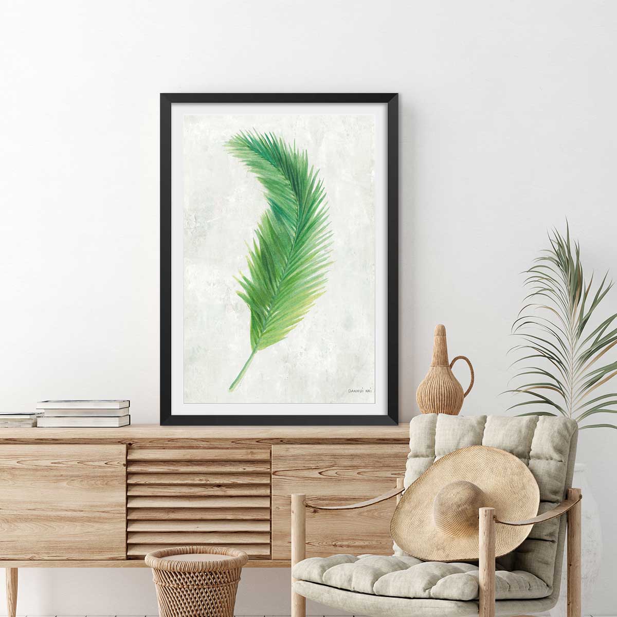 Affiche palme tropicale illustrée affiche + cadre en bois - noir, HEXOA