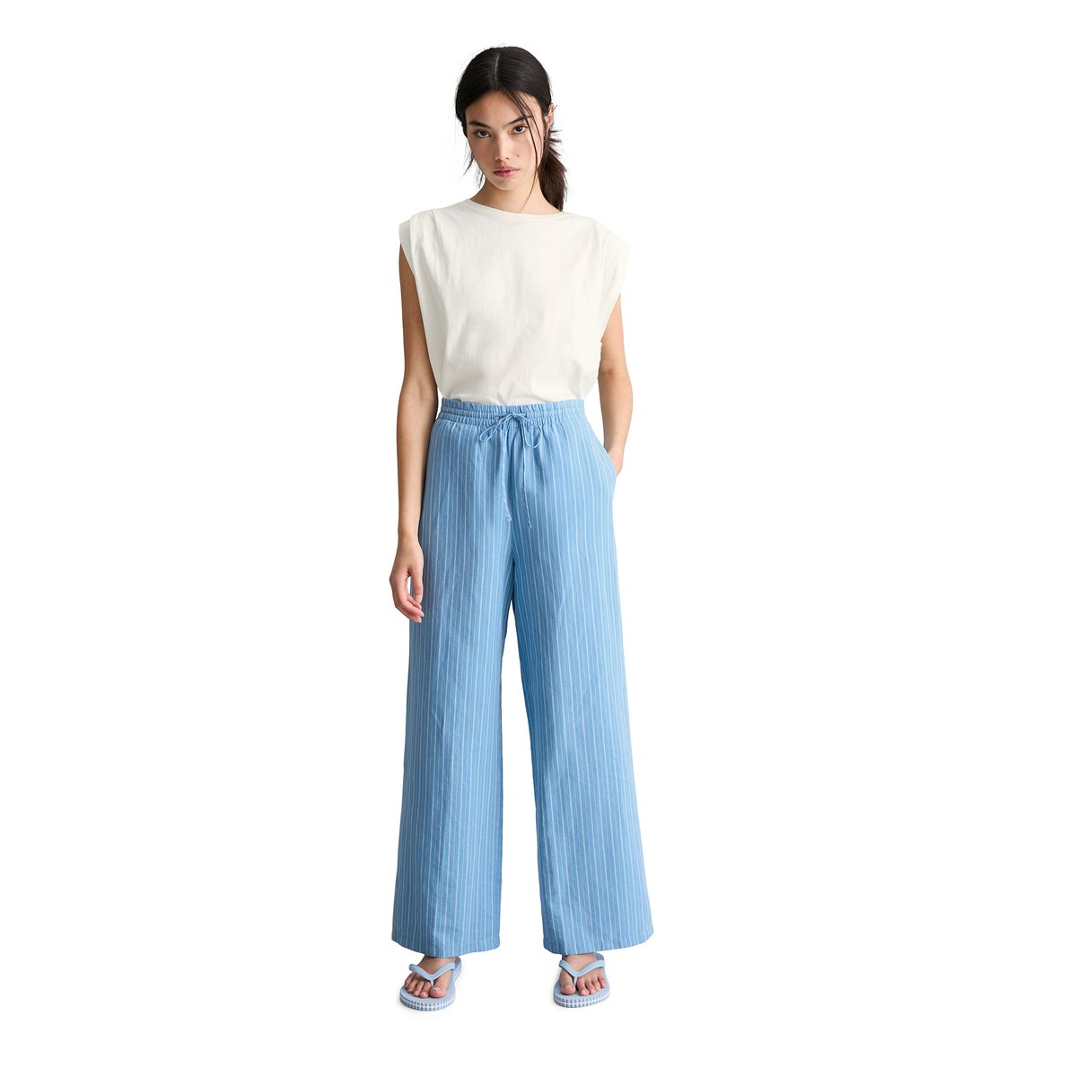 Pull-on-pantalon rayé relaxed en mélange de lin et de coton bleu, MARC O’POLO DENIM