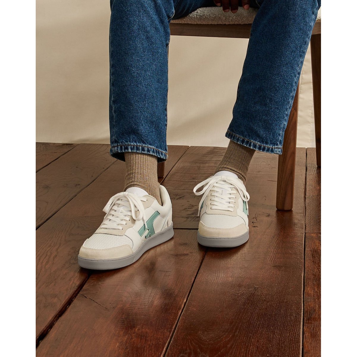 Baskets basses cuir suede HAZEL crème et bleu, FAGUO