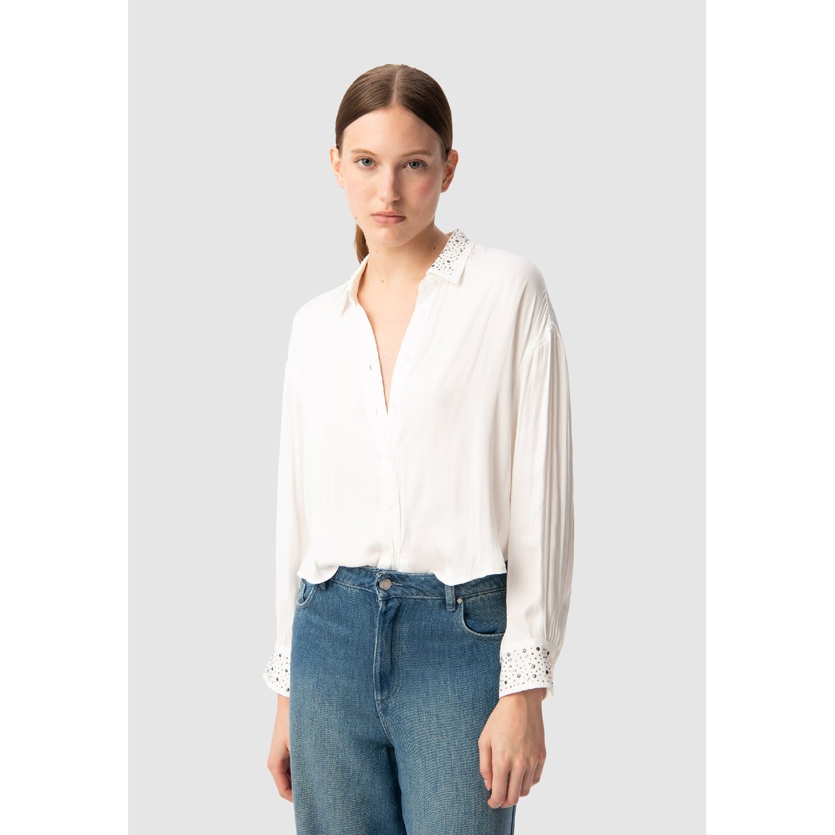 Chemise recyclée décor clous et strass blanc cassé, IKKS