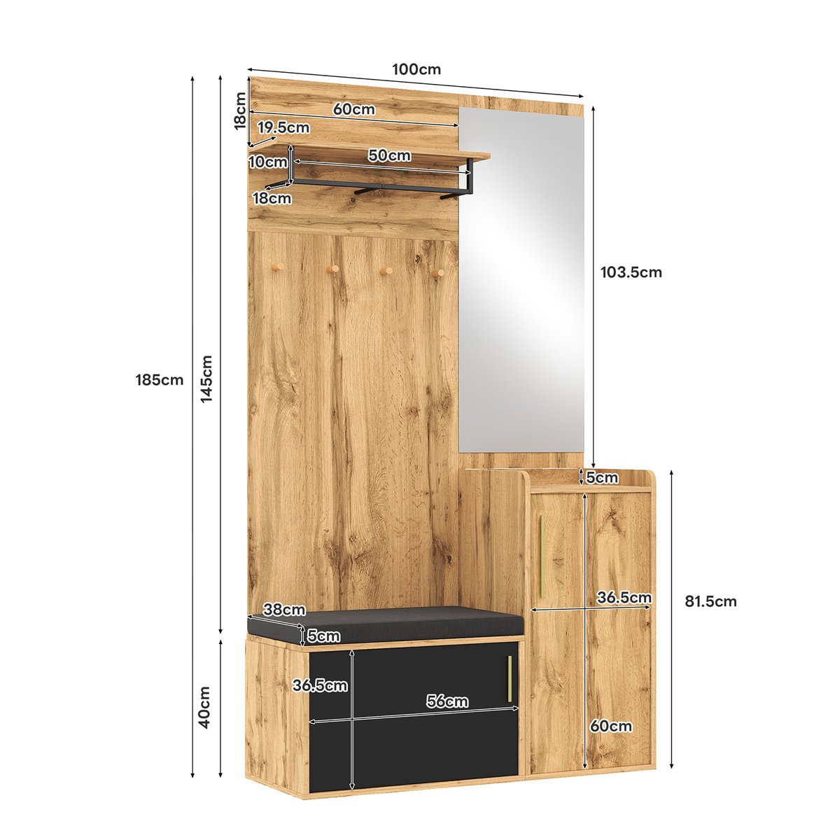 Vestiaire d'entrée avec miroir banc et rangement, PORTER-H hêtre, MEUBLES COSY