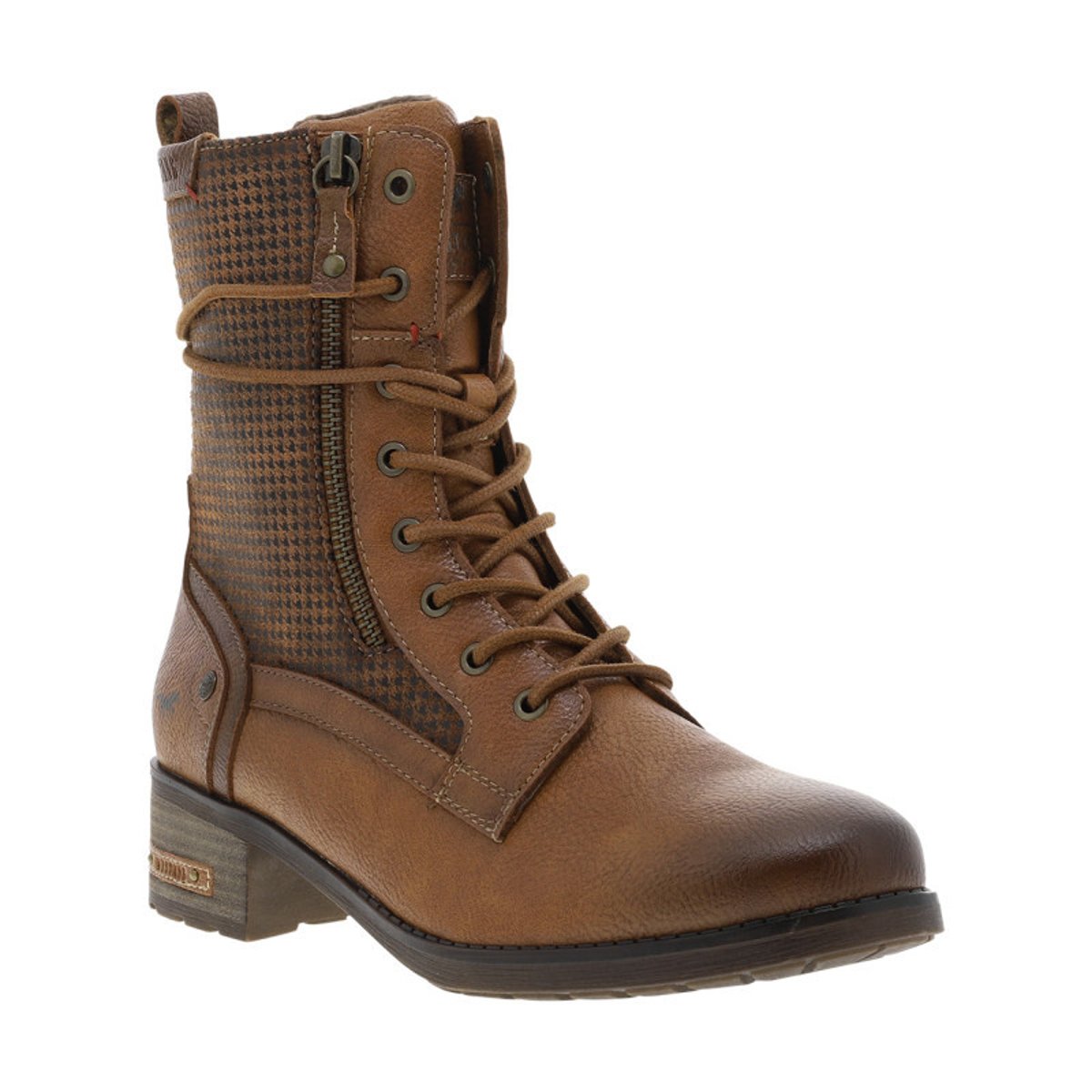 Bottines beiges à talon décroché bas avec un zip et des lacets ronds cognac, MUSTANG