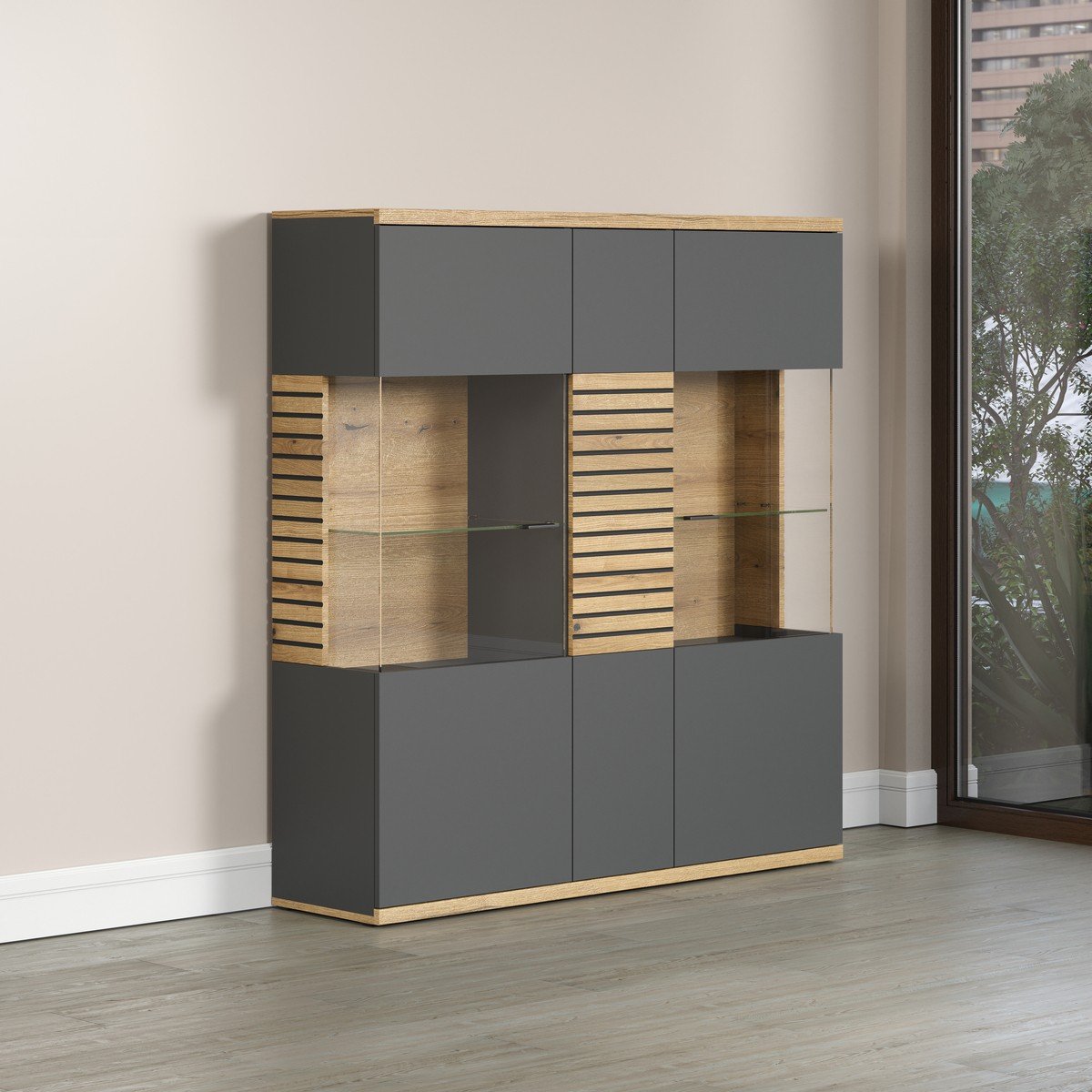 Buffet haut vitré 3 portes L131 cm - NORRIS gris anthracite, CALICOSY