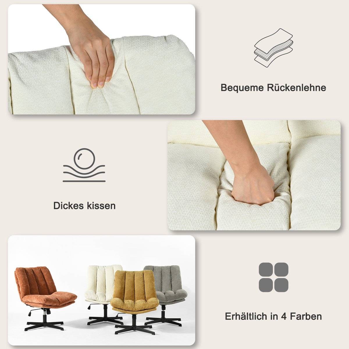 Chaise de bureau réglable et rotatif en chenille, CONFODO beige, MEUBLES COSY