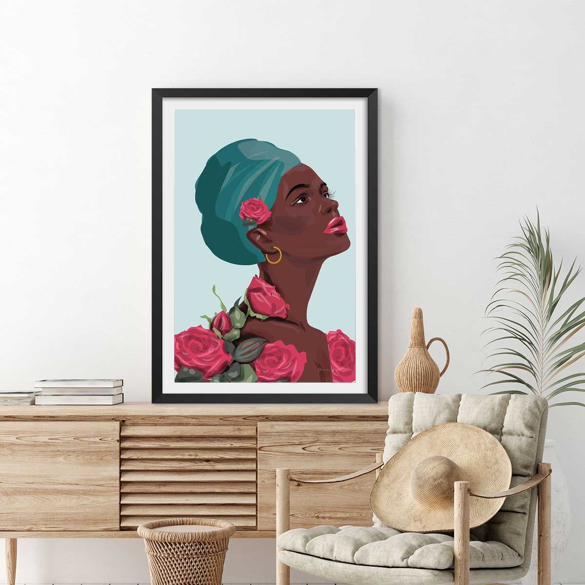 Affiche mode La femme aux roses affiche + cadre en bois - noir, HEXOA