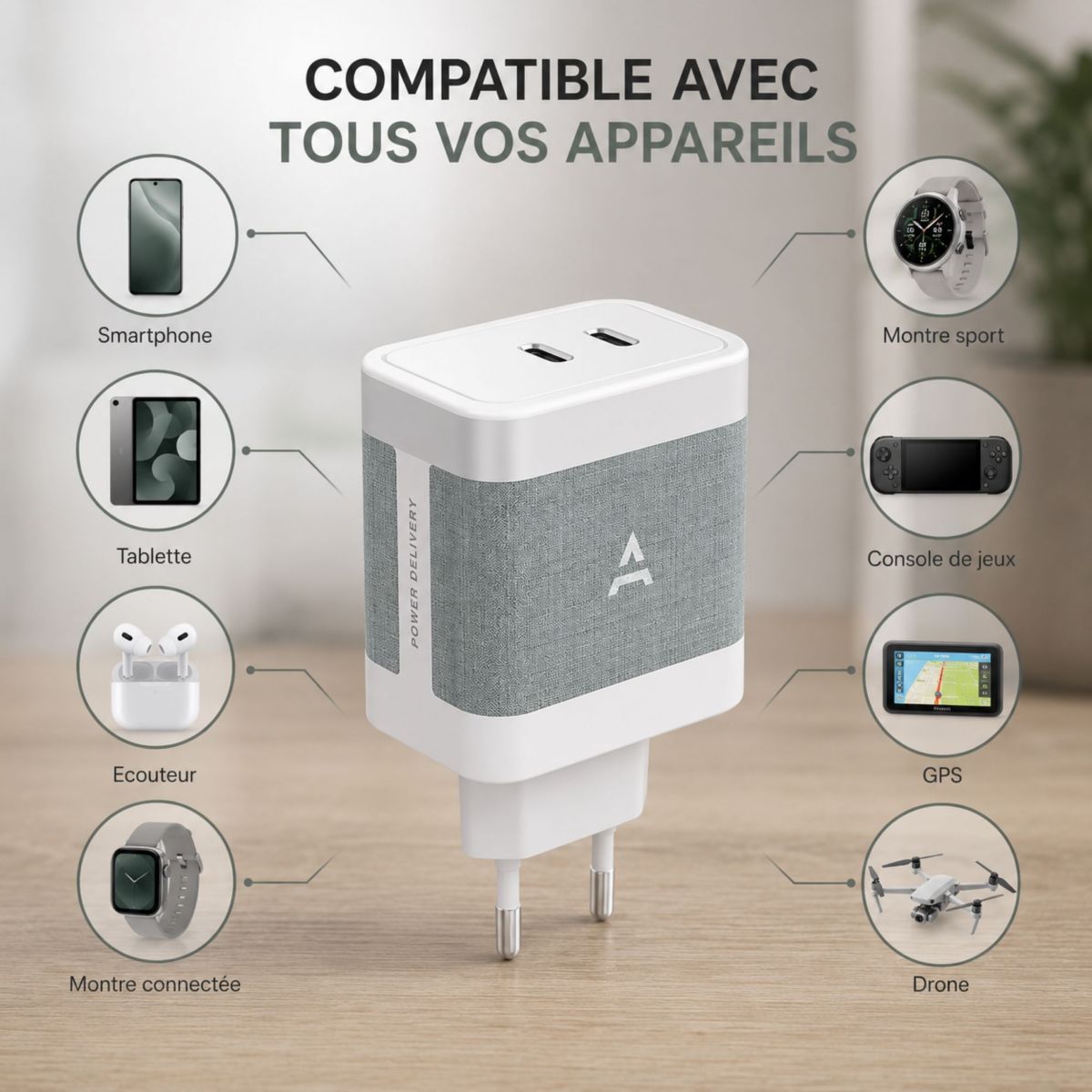 Chargeur ordinateur portable 65W charge rapide 2 USB-C blanc, ADEQWAT