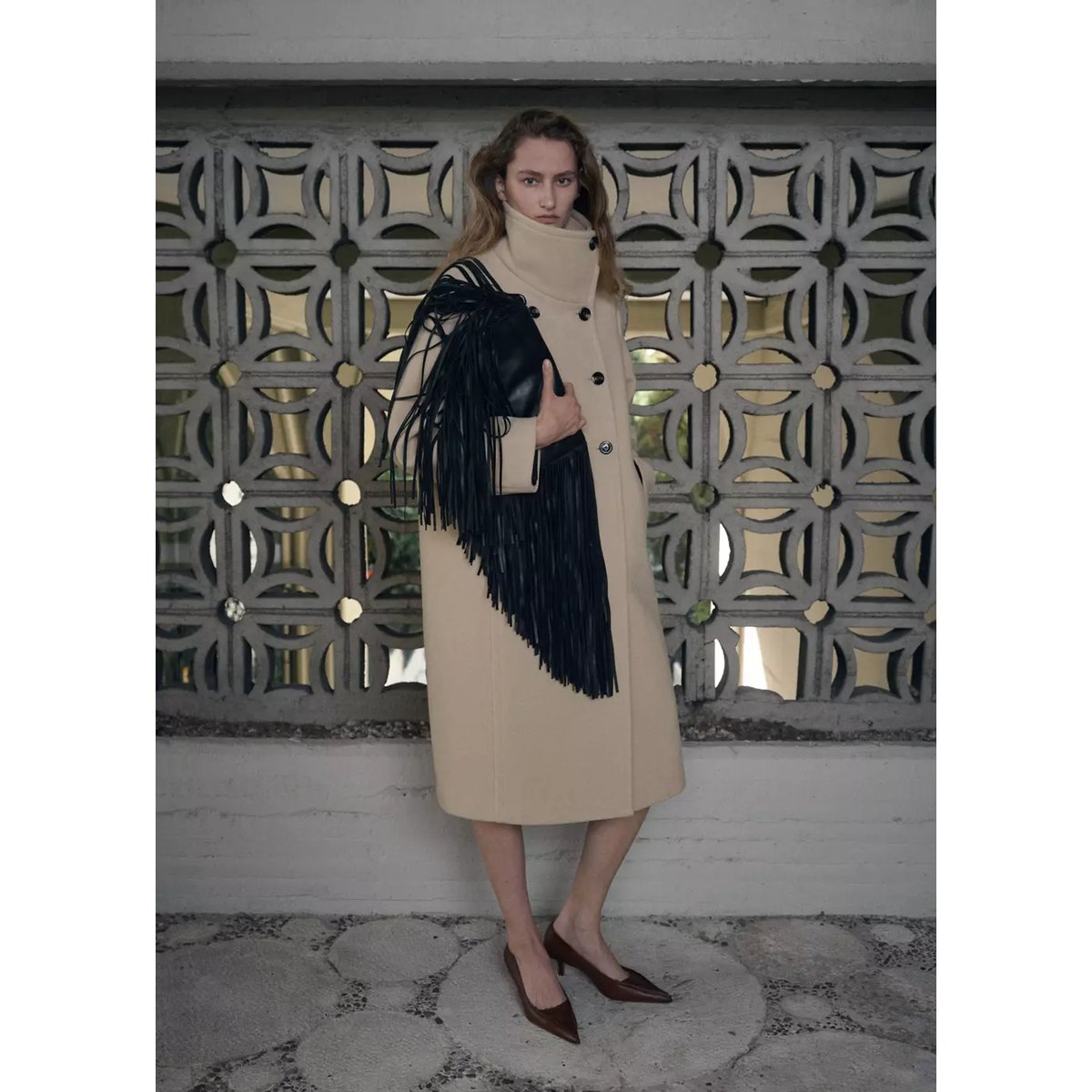 Manteau laine mélangée col cheminée vanille, MANGO