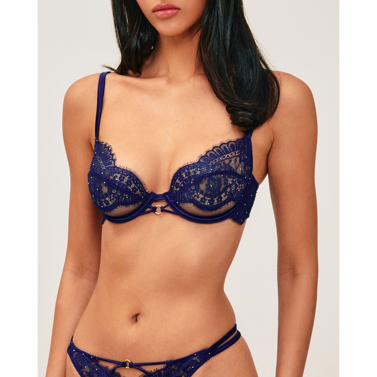 Soutien-gorge corbeille en dentelle à strass argentés SHINYLOVIZ marine, UNDIZ