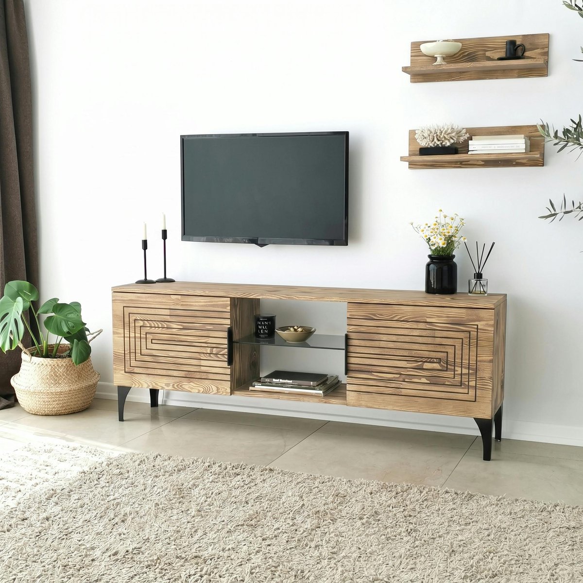 Meuble TV bois clair sculpté - 2 étagères assorties LECCE bois naturel, PIER IMPORT