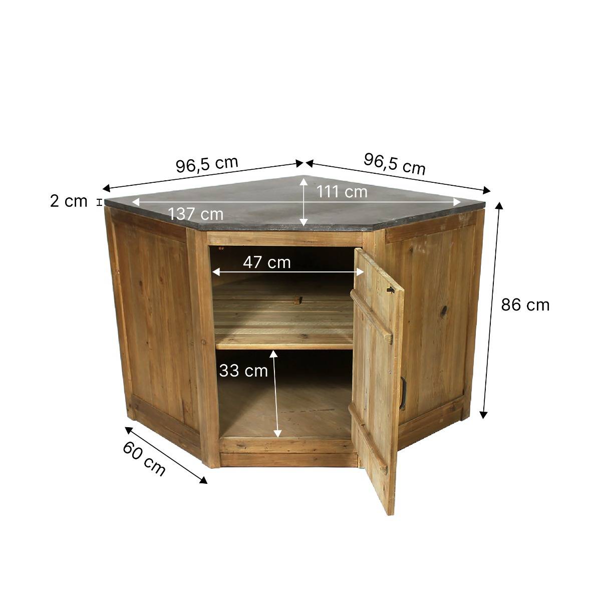 Meuble bas de cuisine en bois recyclé et pierre bleue CHAMPÊTRE bois clair, MADE IN MEUBLES