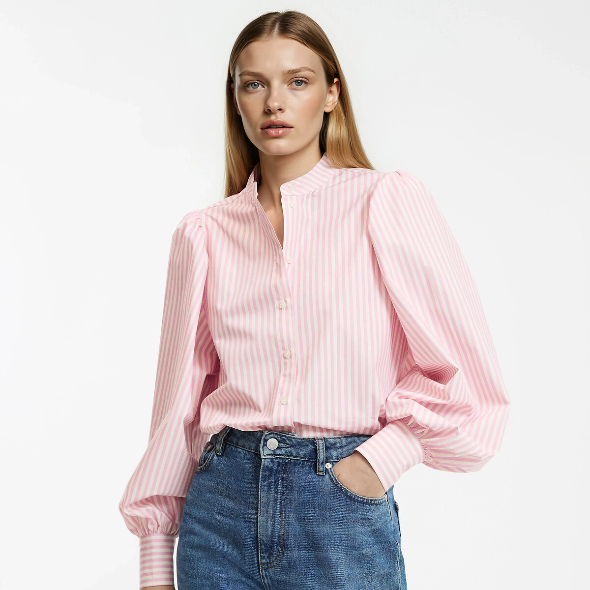 Striped pussy bow blouse with long sleeves pink/white striped, LA REDOUTE COLLECTIONS