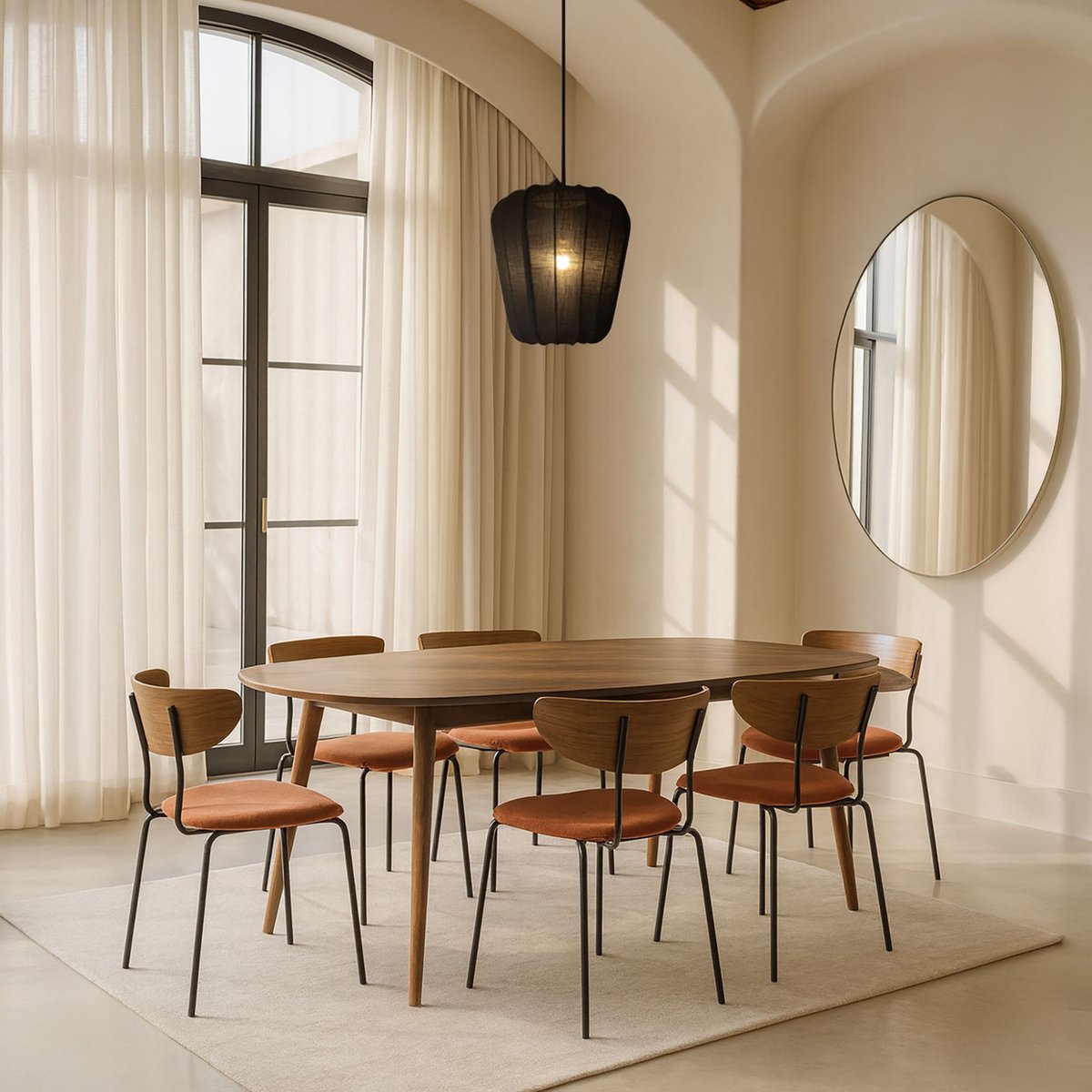 Ensemble table 200cm et 6 chaises en velours côtelé, RIVA terracotta, NOW'S HOME