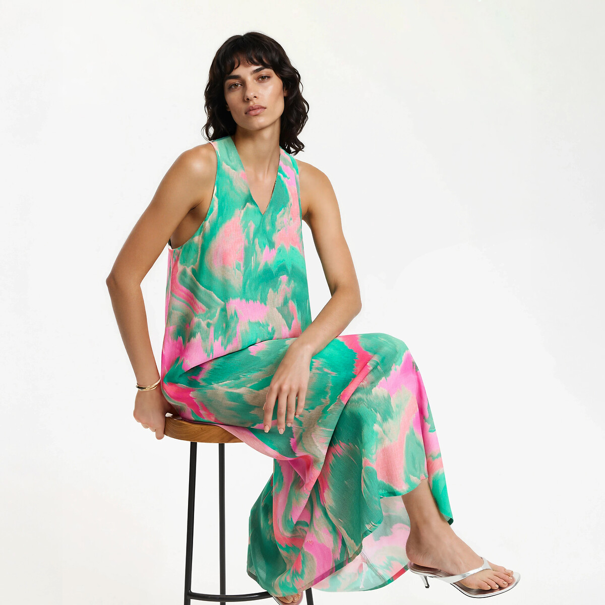 Robe longue sans manches col V imprimé graphique imprimé vert/rose, LA REDOUTE COLLECTIONS