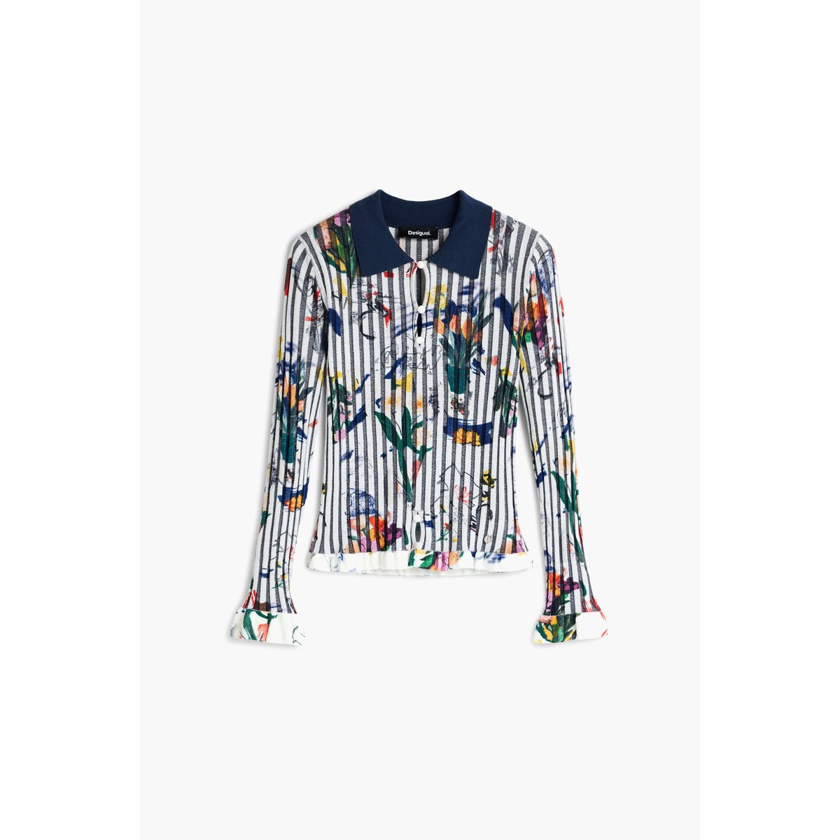 Pull fleuri col chemise blanc, DESIGUAL