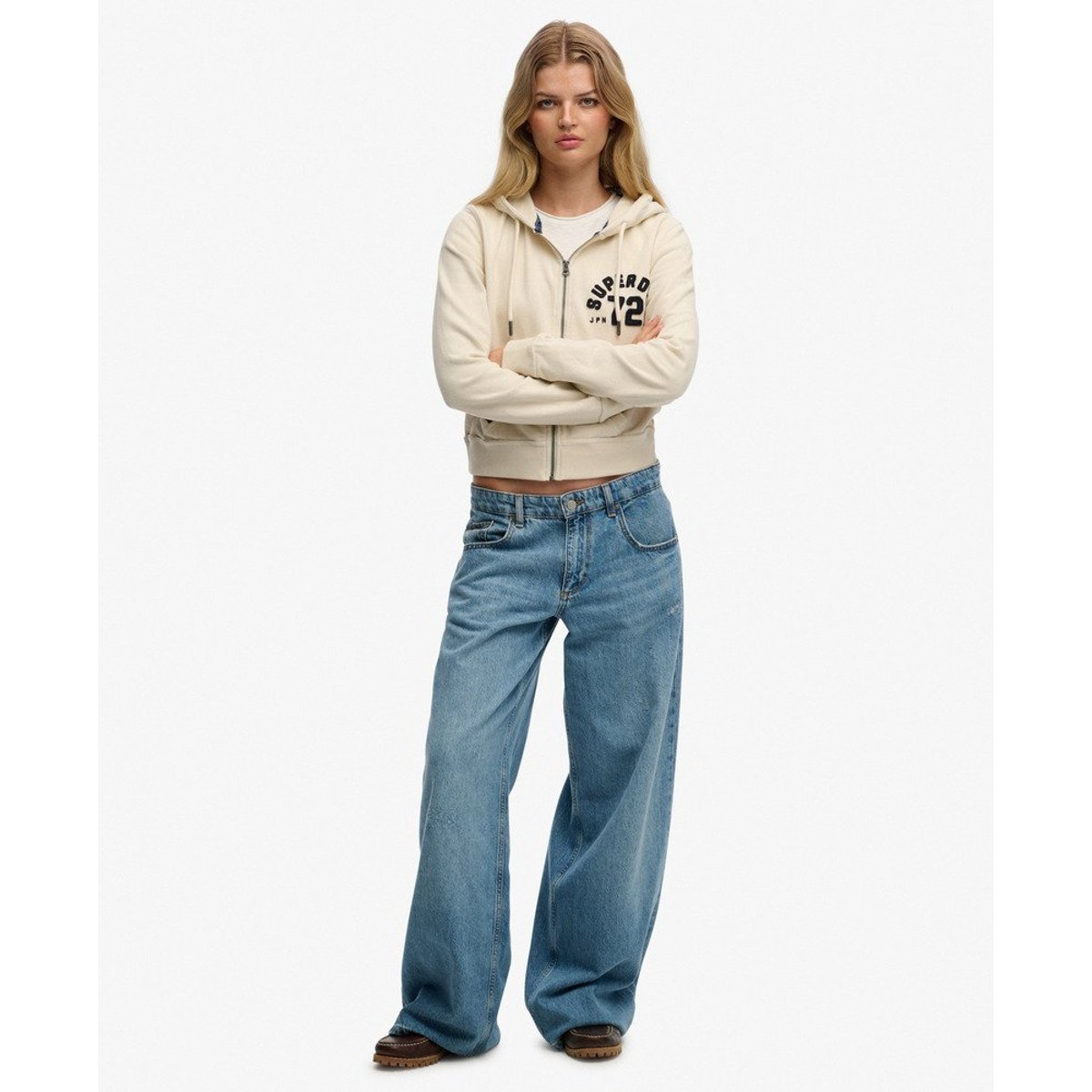 Sweat à capuche zippé court Athletic coupe décontractée crème tourterelle, SUPERDRY