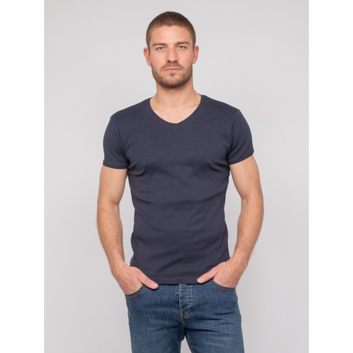 T Shirt Col V Coton Worko bleu marine, RITCHIE