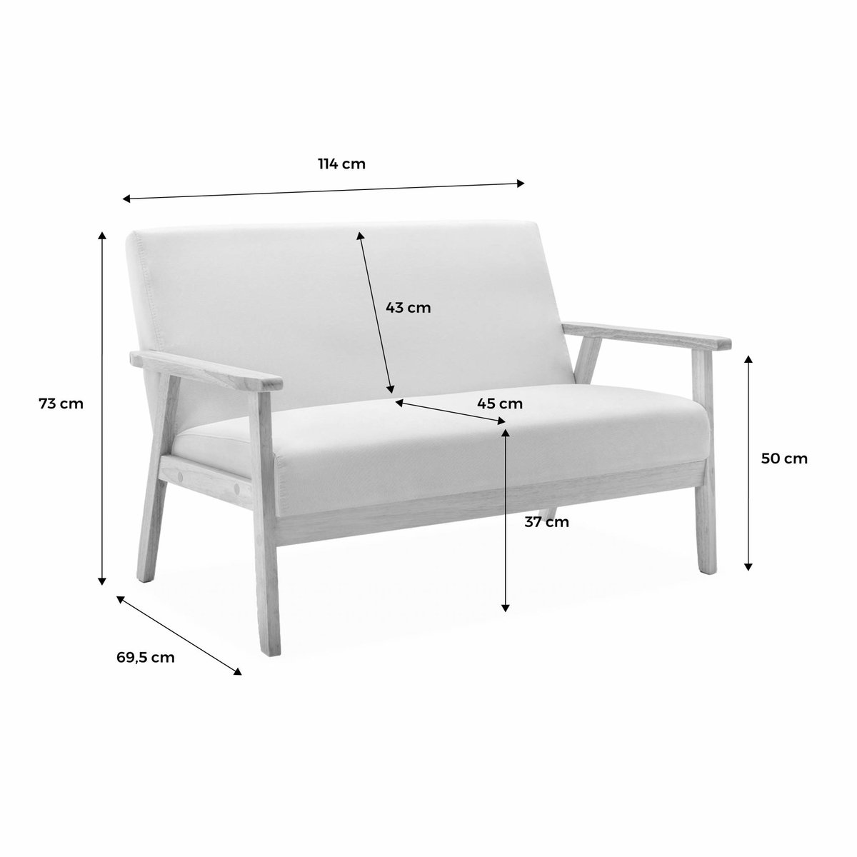 Canapé banquette 2 places bois d'hévéa tissu ISAK gris clair, SWEEEK