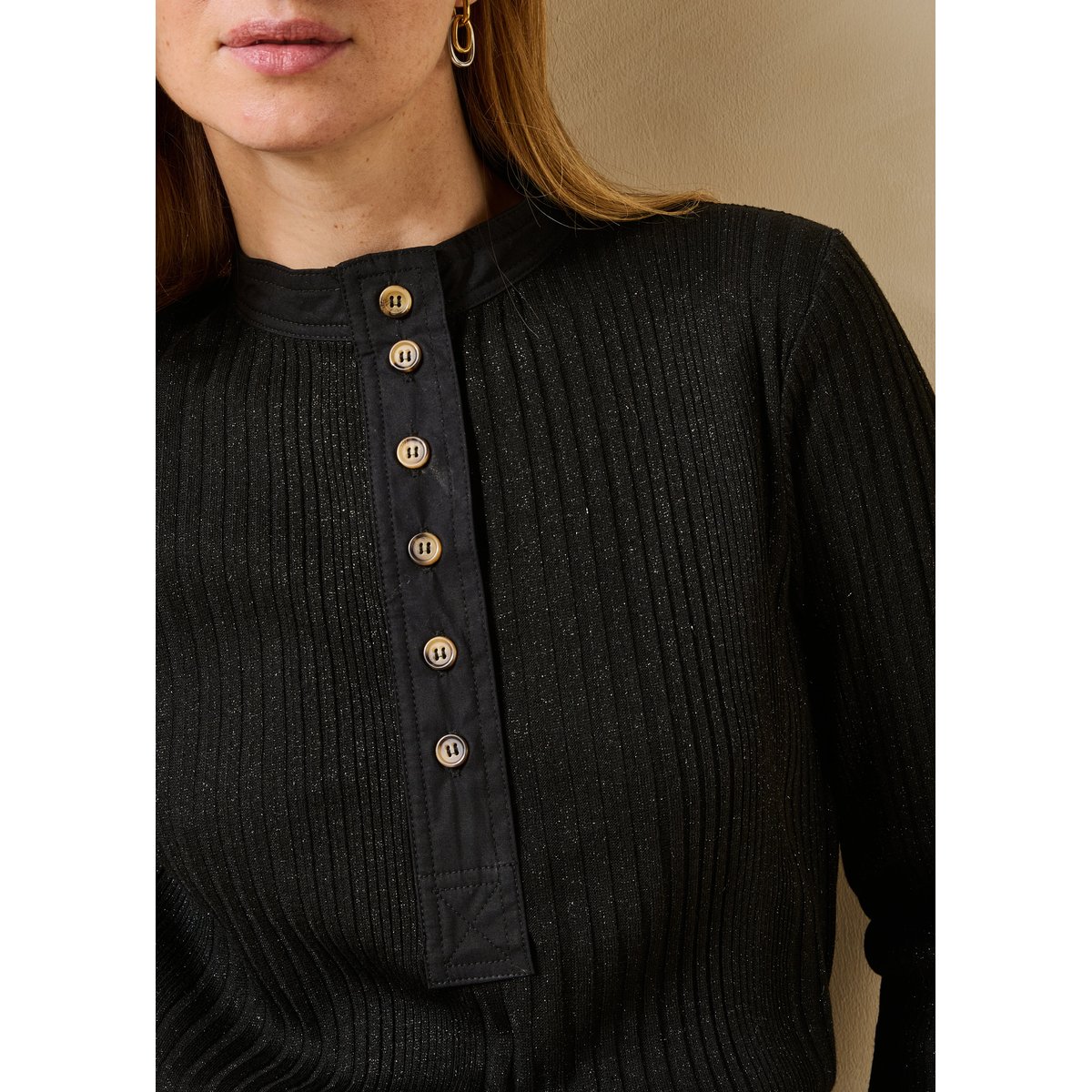 T-shirt en maille côtelée manches longues noir, LA FEE MARABOUTEE