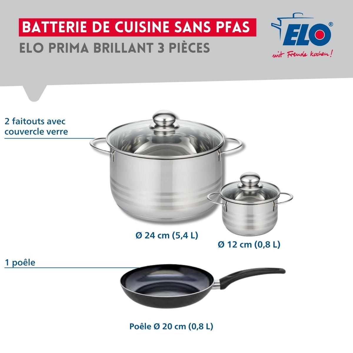Batterie 1 poêle 20cm + 2 faitouts 12/24cm PRIMA BRILLANT noir, ELO