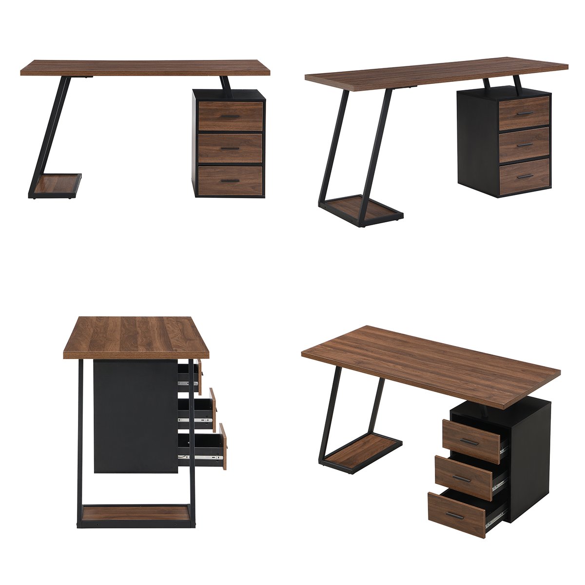 Bureau style industriel avec 3 tiroirs et 1 étagère intégrée, JO noyer, MEUBLES COSY