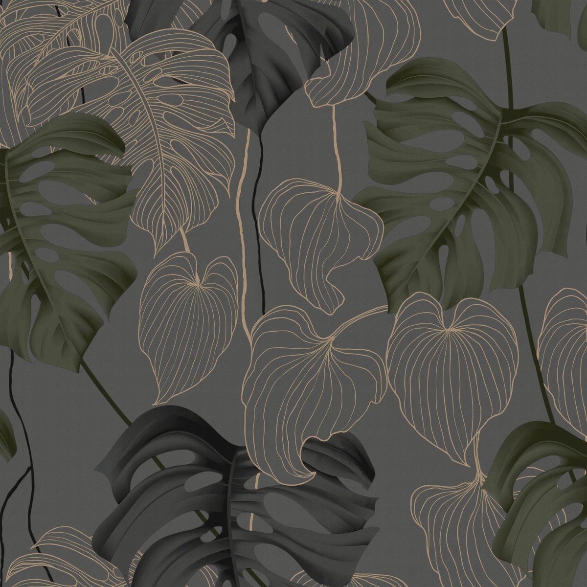 Papier peint Feuillage Monstera PARADISO gris, BOUTIQUE