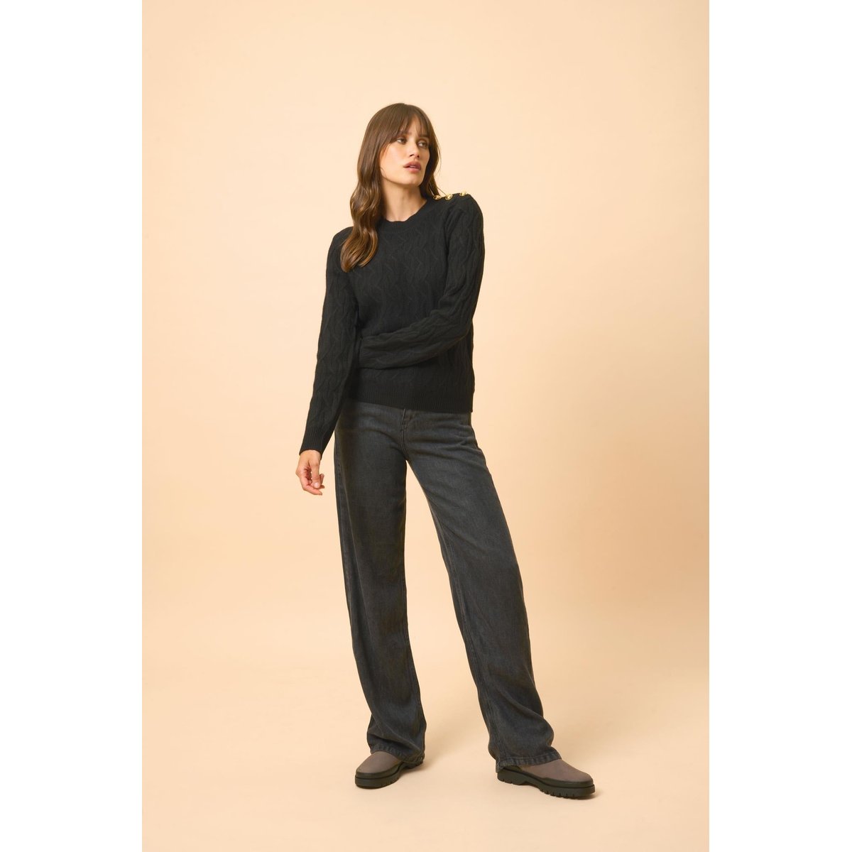 Pull Col Rond Marin 4 Fils Noir Lynd noir, JUST CASHMERE