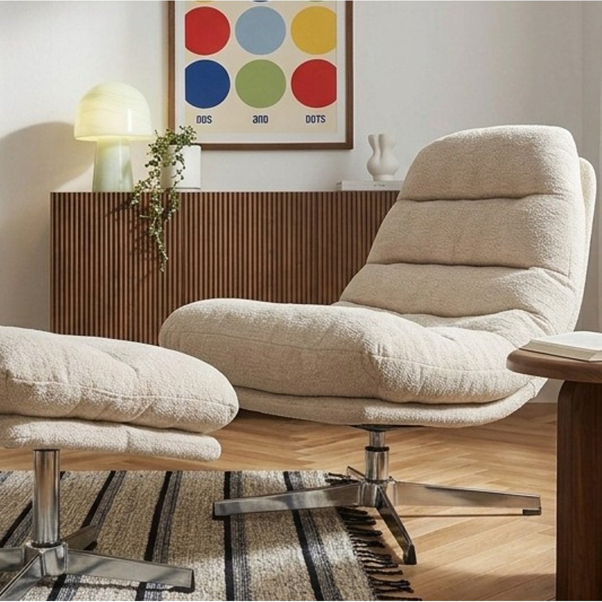 Fauteuil rotatif + repose-pieds tissu THEMIS blanc, BAÏTA