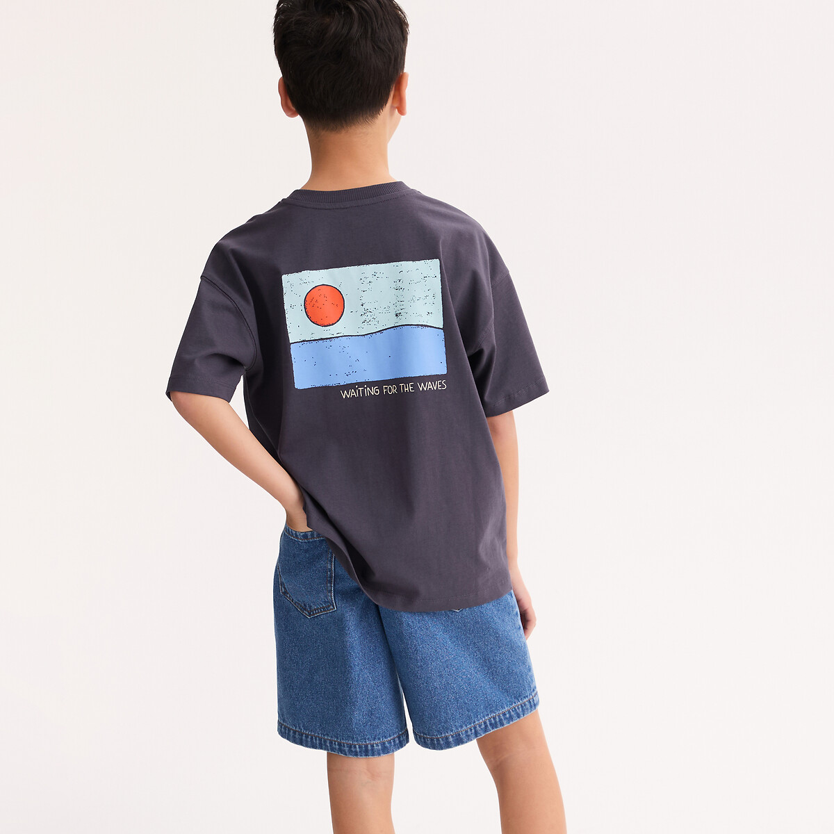 T-shirt oversize girocollo e maniche corte, con scritta e motivo dietro antracite, LA REDOUTE COLLECTIONS