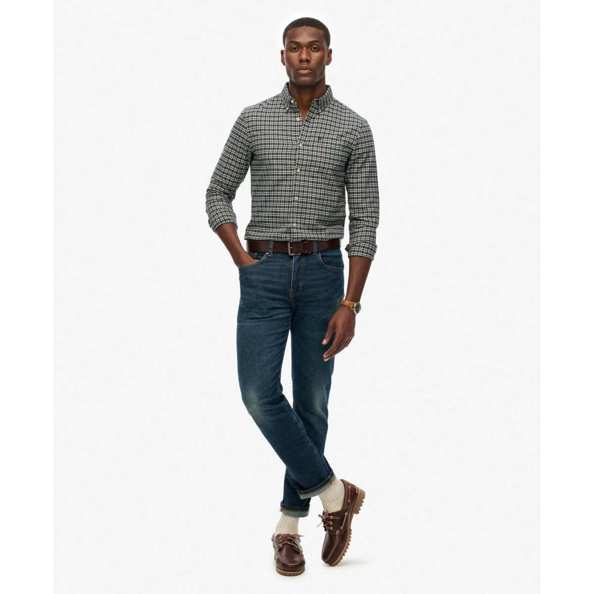 Chemise Oxford à Carreaux Premium micro carreaux bleu marine chiné, SUPERDRY