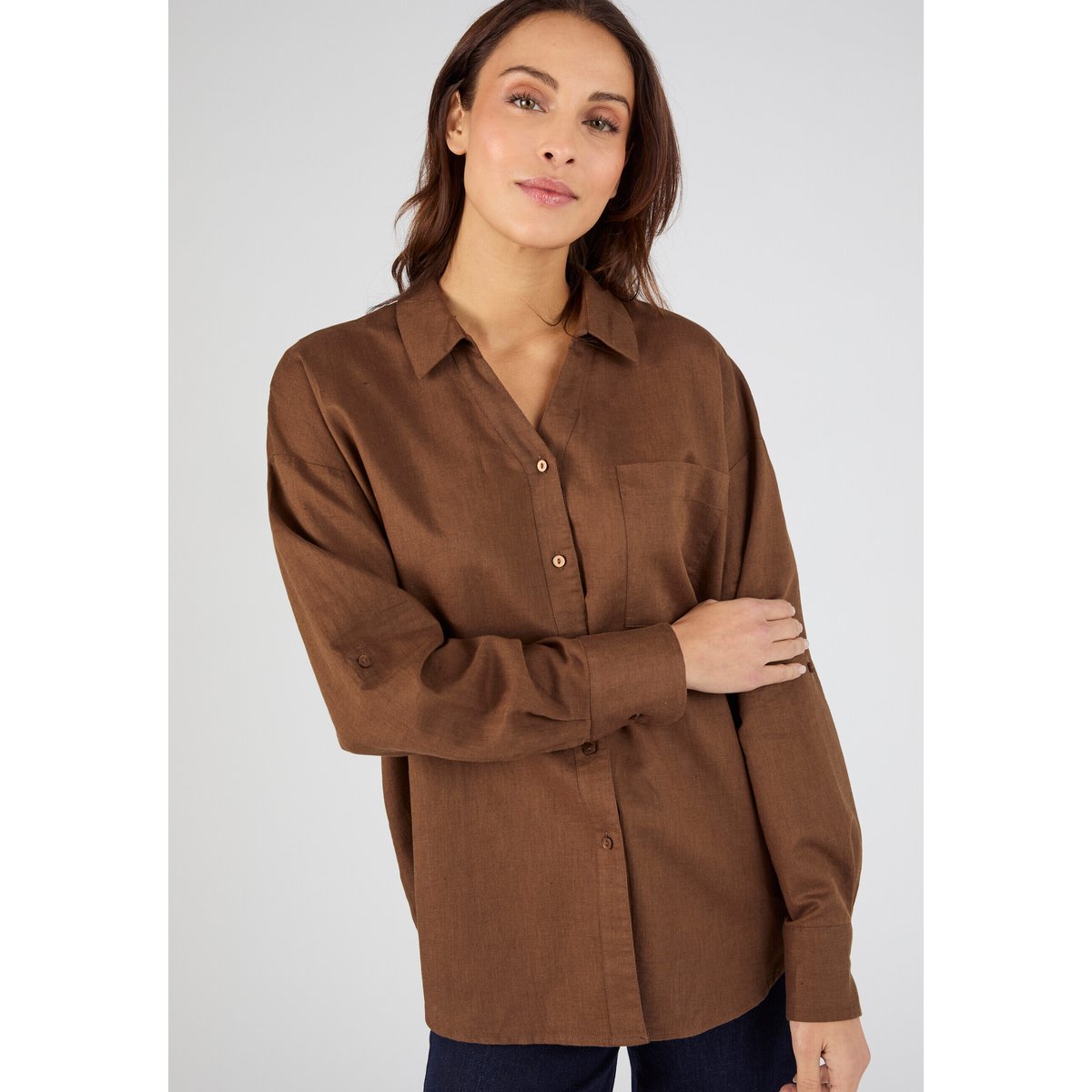 Chemise mélange lin et coton marron foncé, DAMART