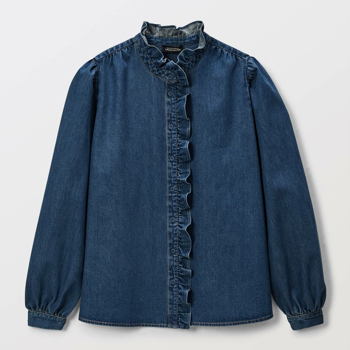 Blouse manches longues unie en denim en coton BIO GOTS stone denim, MONOPRIX