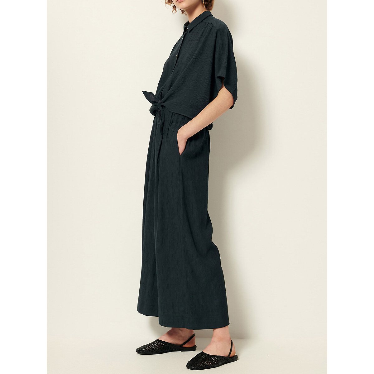 Pantalon large longueur 7/8ème, en crépon, ISLA MINIMA vert foncé, SESSUN