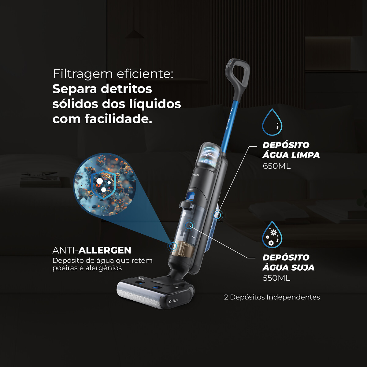Aspirador Vertical Sem Fios Aqualine Clean&Go 1691FL, FLAMA preto , FLAMA