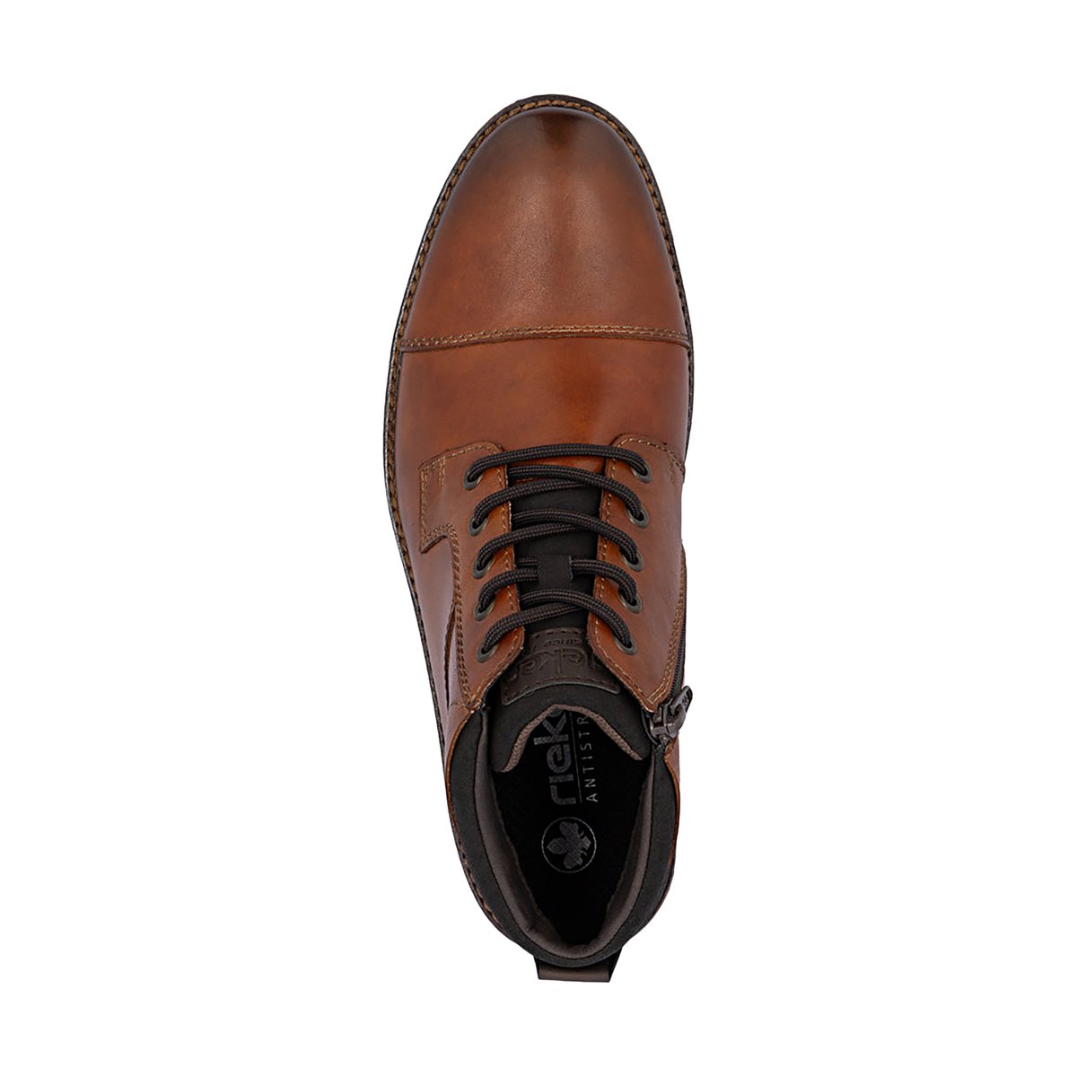 Bottines en cuir à talon plat avec un zip et des lacets ronds cognac, RIEKER