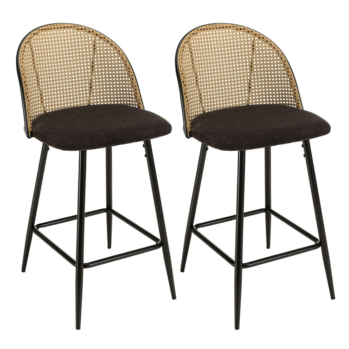 Lot de 2 tabourets d'ilot assise tissu noir dossier effet cannage TIM beige, PIER IMPORT