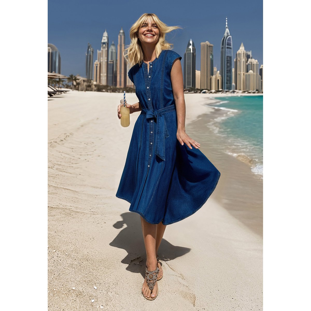 Robe en jean à poches extérieures bleu, CARTOON