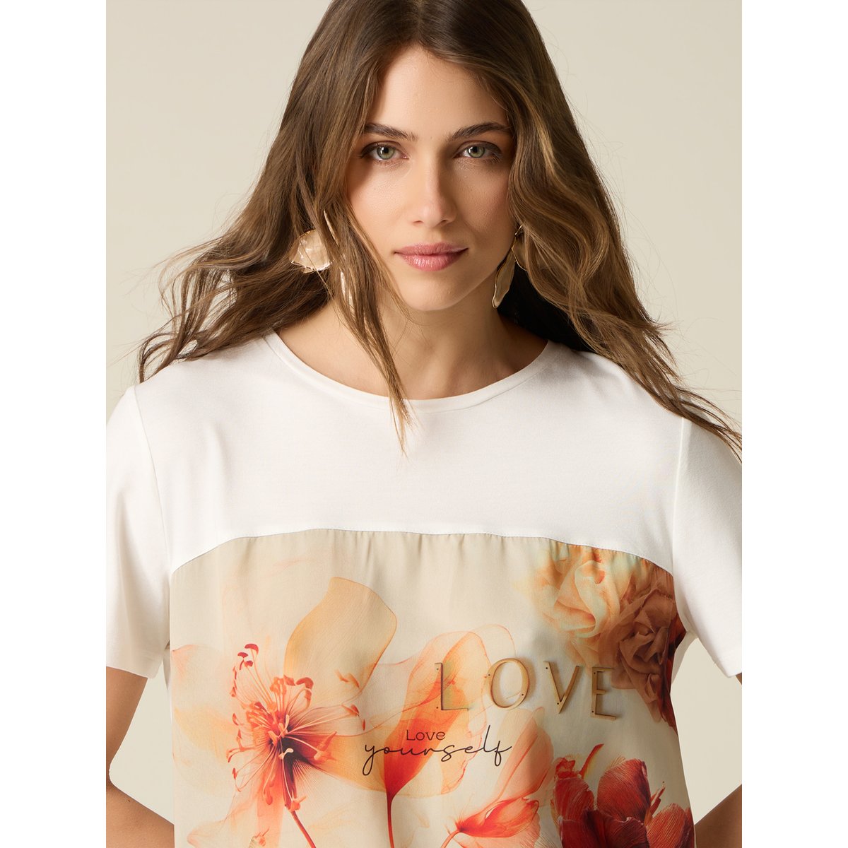 T-shirt avec insert imprimé orange soleil, OLTRE