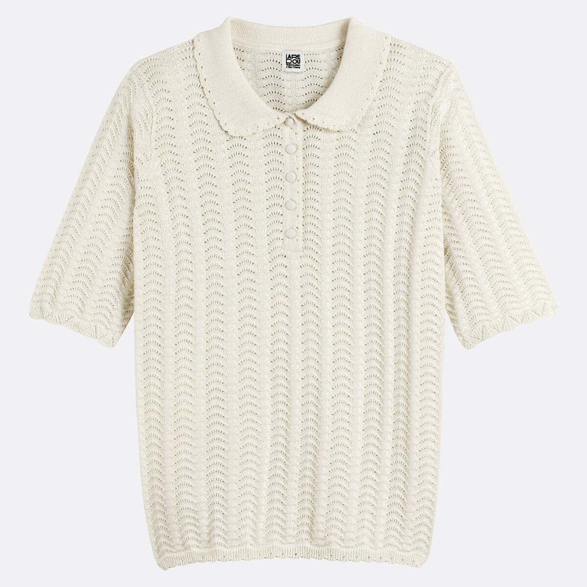 Pull col polo en coton, fine maille ajourée ivoire, LA REDOUTE COLLECTIONS